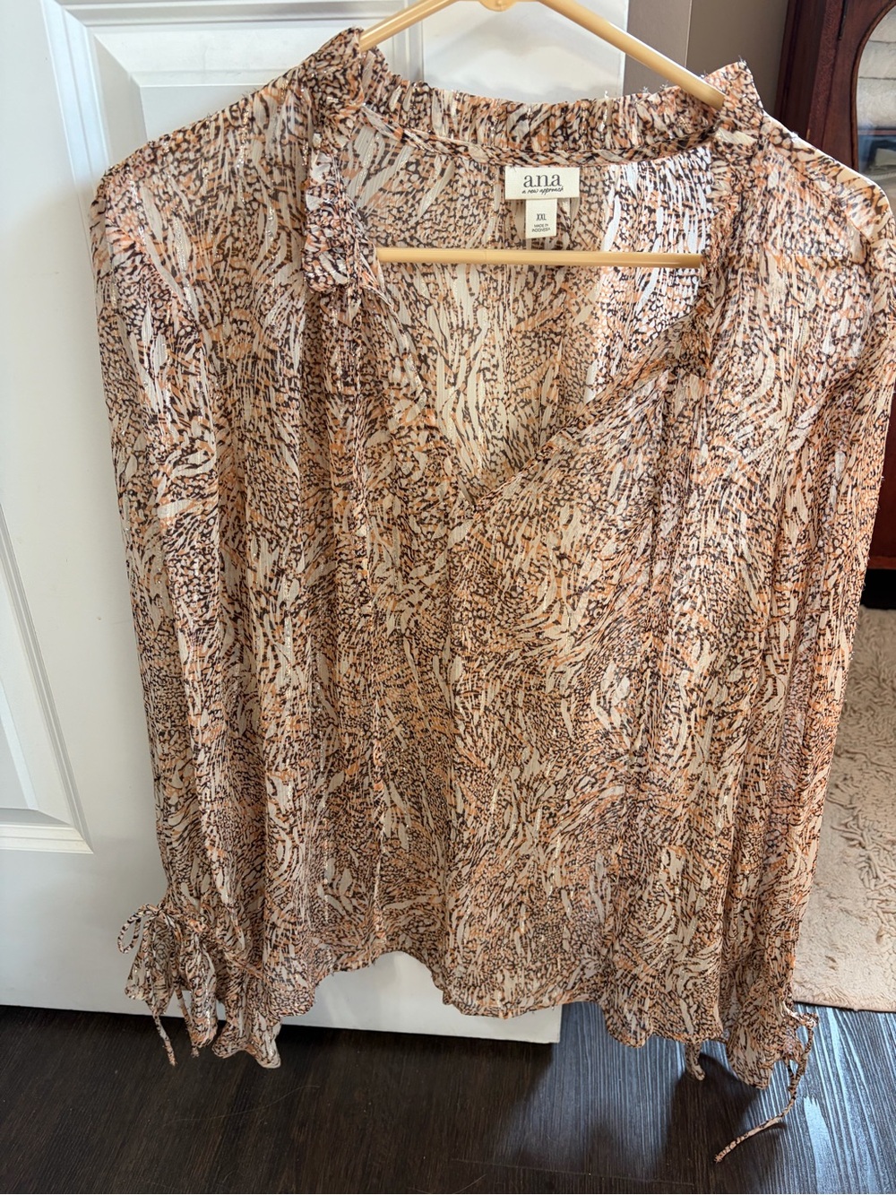 a.n.a Beige and Brown Printed V-Neck Long Sleeve Blouse